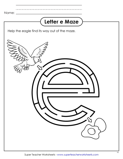 Letter Recognition - Lowercase Letter e Maze (Printable PDF Worksheet)