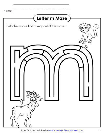 Alphabet Mazes (Easy) - Lowercase Letter m Maze (Printable PDF Worksheet)