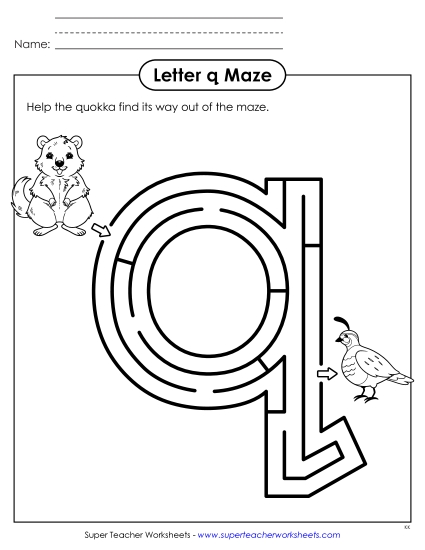 Alphabet Mazes (Easy) - Lowercase Letter q Maze (Printable PDF Worksheet)