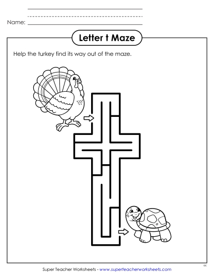 Letter Recognition - Lowercase Letter t Maze (Printable PDF Worksheet)
