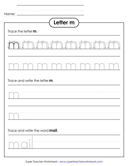 Trace and Print - Lowercase m (Dotted Lines) (Printable PDF Worksheet)