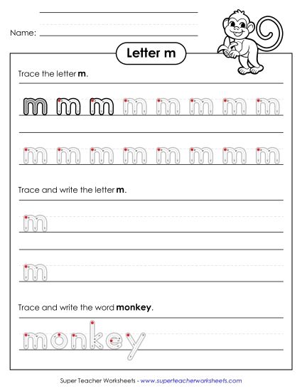 Letter M - Lowercase m (Outlined Letters) (Printable PDF Worksheet)