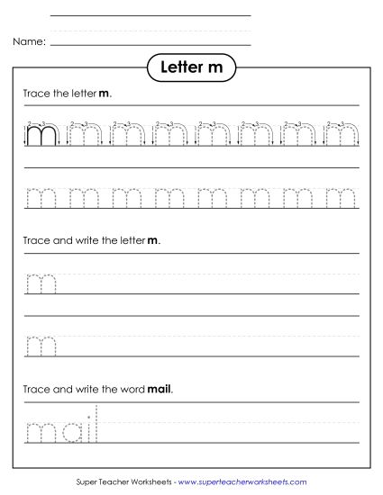 Letter M - Lowercase m (Tracing Dotted Line) (Printable PDF Worksheet)
