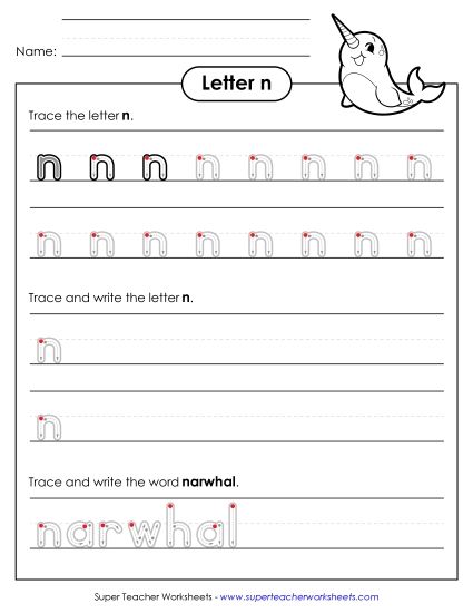 Trace and Print - Lowercase n Writing Practice (Outlined Letters) (Printable PDF Worksheet)