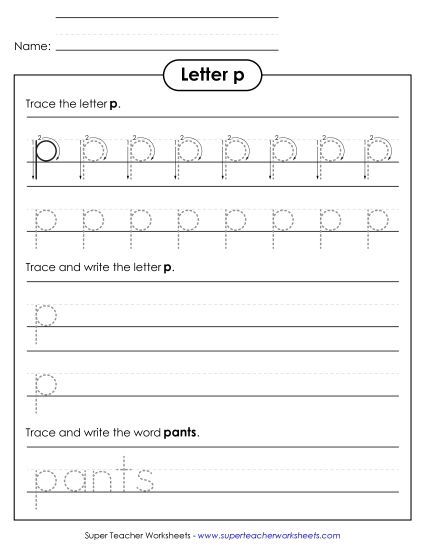 Trace and Print - Lowercase p (Dotted Lines) (Printable PDF Worksheet)