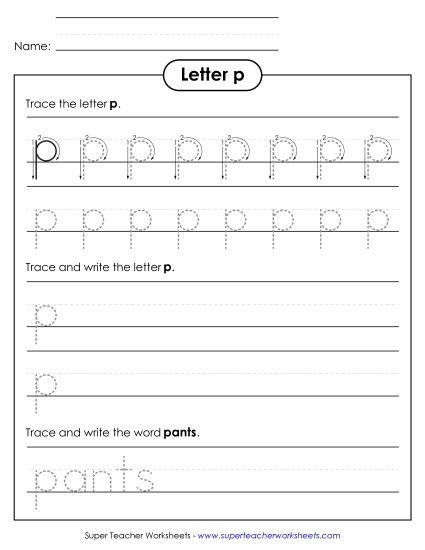 Letter P - Lowercase p (Tracing Dotted Line) (Printable PDF Worksheet)