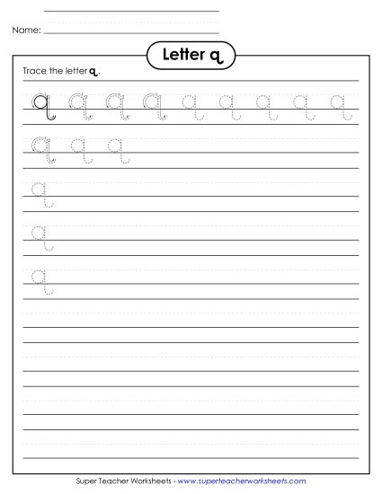 Trace and Print - Lowercase q Printing Practice (Smaller Font Size) (Printable PDF Worksheet)