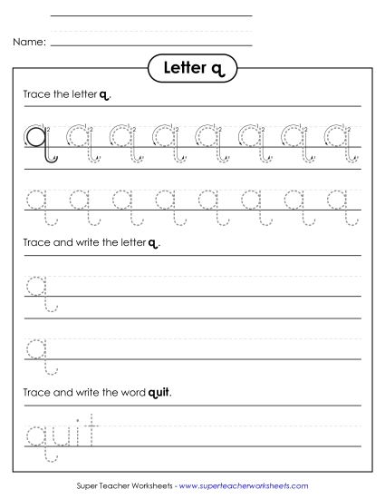 Letter Q - Lowercase q (Tracing Dotted Line) (Printable PDF Worksheet)