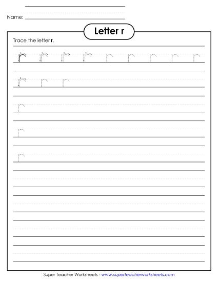 Trace and Print - Lowercase r Printing Practice (Smaller Font Size) (Printable PDF Worksheet)