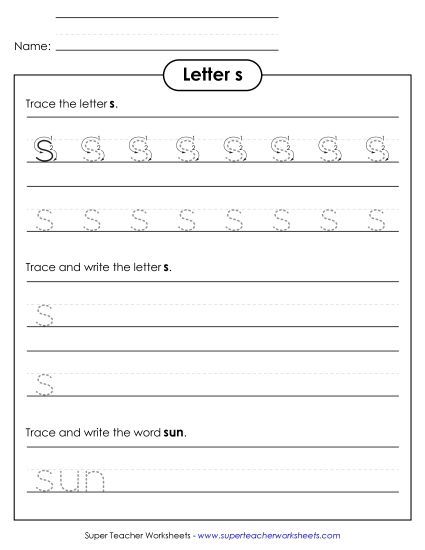 Trace and Print - Lowercase s (Dotted Lines) (Printable PDF Worksheet)