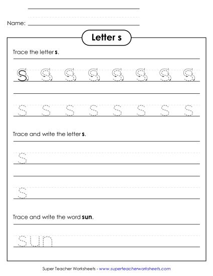 Letter S - Lowercase s (Tracing Dotted Line) (Printable PDF Worksheet)