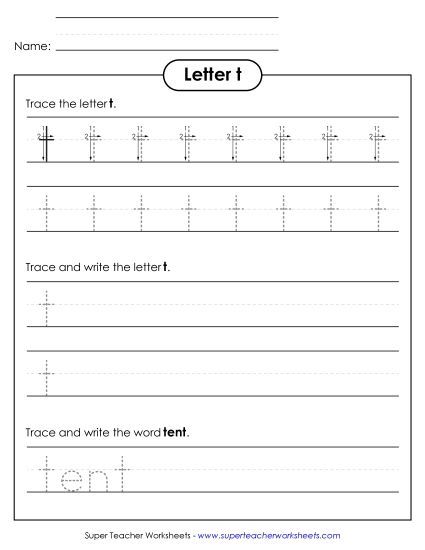 Trace and Print - Lowercase t (Dotted Lines) (Printable PDF Worksheet)