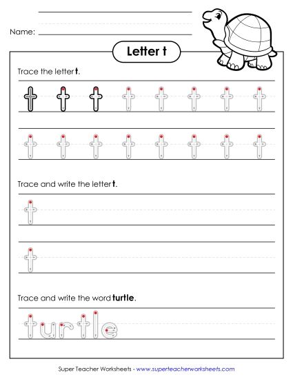 Trace and Print - Lowercase t Writing Practice (Outlined Letters) (Printable PDF Worksheet)