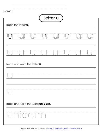 Trace and Print - Lowercase u (Dotted Lines) (Printable PDF Worksheet)