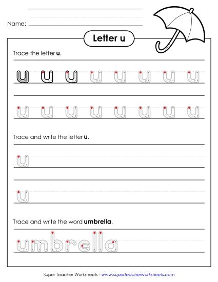 Letter U - Lowercase u (Outlined Letters) (Printable PDF Worksheet)