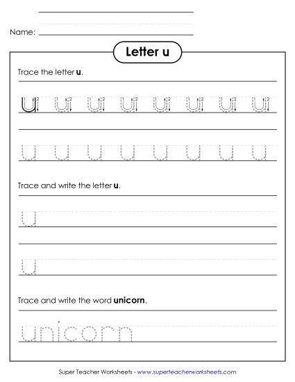 Letter U - Lowercase u (Tracing Dotted Line) (Printable PDF Worksheet)