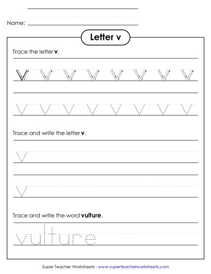 Trace and Print - Lowercase v (Dotted Lines) (Printable PDF Worksheet)