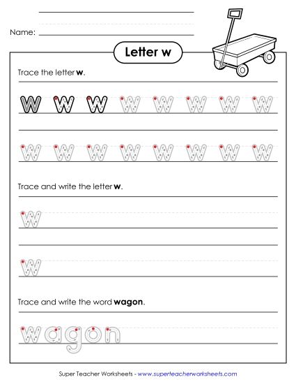 Trace and Print - Lowercase w Writing Practice (Outlined Letters) (Printable PDF Worksheet)