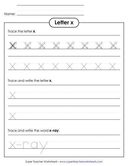 Letter X - Lowercase x (Tracing Dotted Line) (Printable PDF Worksheet)