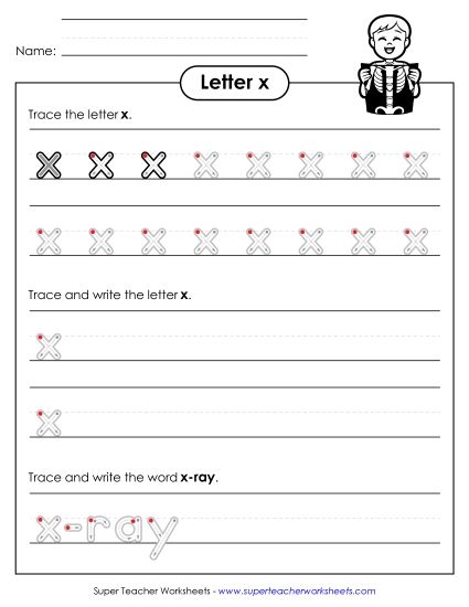 Trace and Print - Lowercase x Writing Practice (Outlined Letters) (Printable PDF Worksheet)
