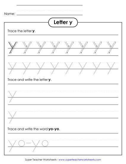 Letter Y - Lowercase y (Tracing Dotted Line) (Printable PDF Worksheet)