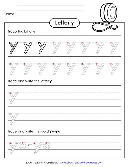 Trace and Print - Lowercase y Writing Practice (Outlined Letters) (Printable PDF Worksheet)