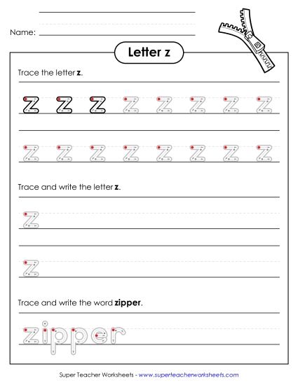 Trace and Print - Lowercase z Writing Practice (Outlined Letters) (Printable PDF Worksheet)