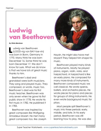 Reading Comprehension - Ludwig van Beethoven: German Composer (Printable PDF Worksheet)