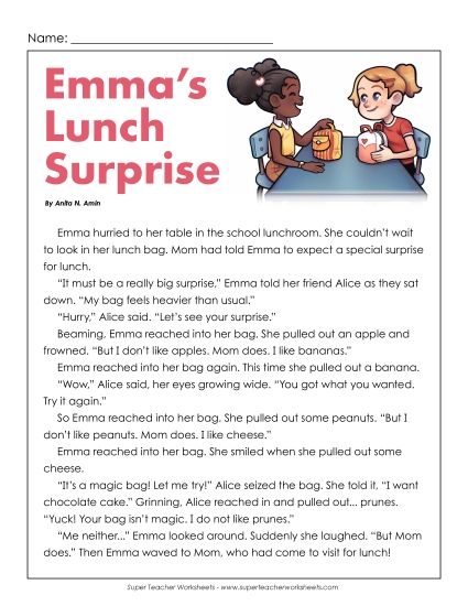 Fiction Stories - Lunchbox Surprise (Fiction) (Printable PDF Worksheet)