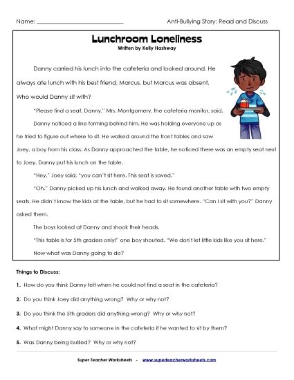 Read & Discuss Stories - Lunchroom Loneliness (Printable PDF Worksheet)