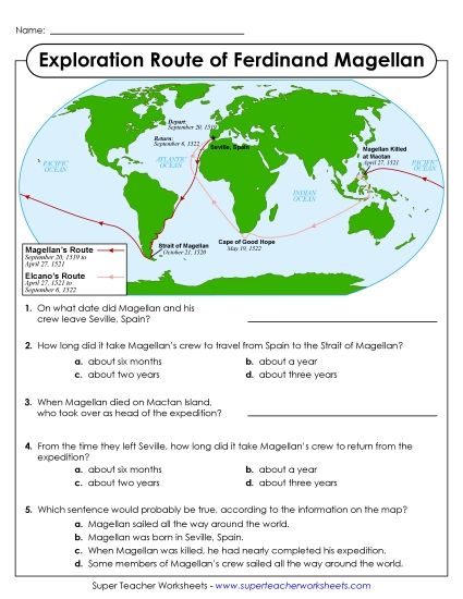Ferdinand Magellan - Magellan Map & Questions (Printable PDF Worksheet)