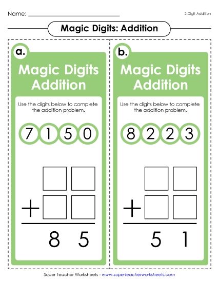 Missing Addends - Magic Digits Game (2-Digit Addition) (Printable PDF Worksheet)