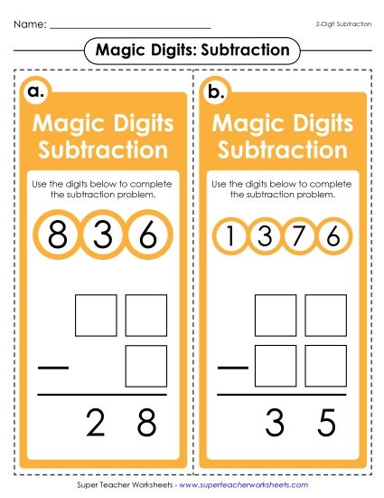Math Games and  Task Cards - Magic Digits Game (2-Digit Subtraction) (Printable PDF Worksheet)