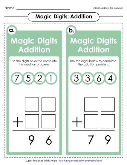 Math Games and Task Cards - Magic Digits Game (2-Digits; No Carrying) (Printable PDF Worksheet)