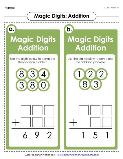 Addition (3-Digit Addends) - Magic Digits Game (3-Digit Addition) (Printable PDF Worksheet)
