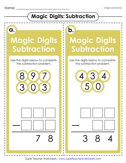 Math Games and Task Cards - Magic Digits Game (3-Digit Subtraction) (Printable PDF Worksheet)