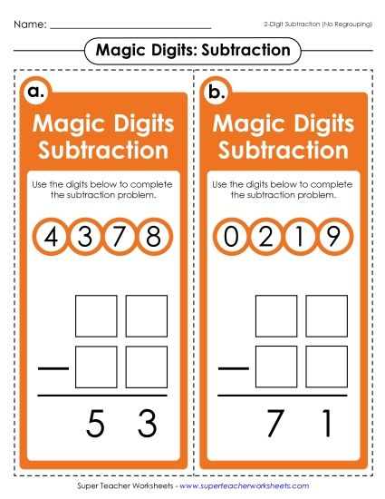 Math Games and Task Cards - Magic Digits Subtracting Game 2-Digit Numbers (No Regrouping) (Printable PDF Worksheet)