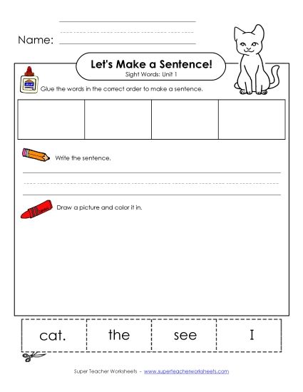 Worksheets - Make a Sentence Cut and Glue (Unit 1) (Printable PDF Worksheet)