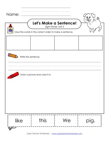 Worksheets - Make a Sentence Cut and Glue (Unit 3) (Printable PDF Worksheet)