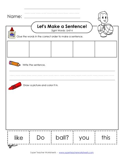 Worksheets - Make a Sentence Cut and Glue (Unit 4) (Printable PDF Worksheet)