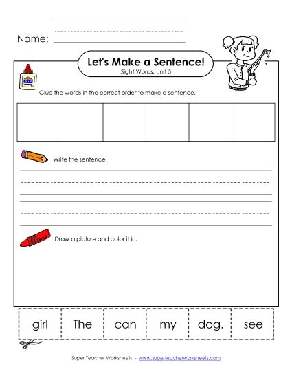 Worksheets - Make a Sentence Cut and Glue (Unit 5) (Printable PDF Worksheet)