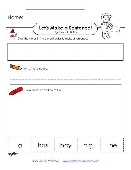 Worksheets - Make a Sentence Cut and Glue (Unit 6) (Printable PDF Worksheet)