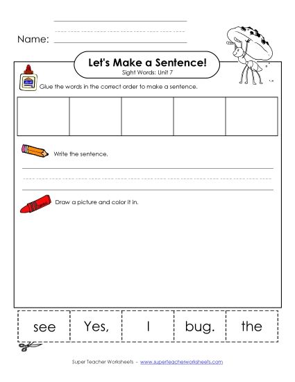Worksheets - Make a Sentence Cut and Glue (Unit 7) (Printable PDF Worksheet)