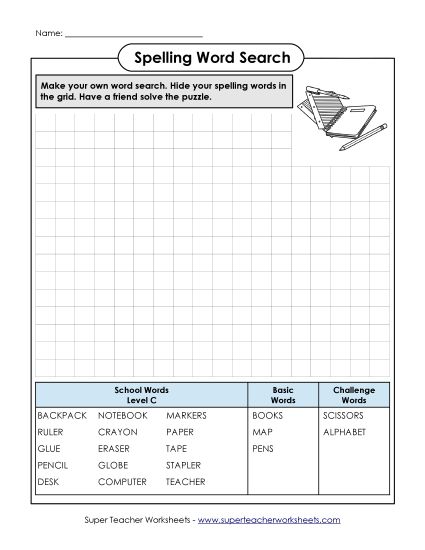 Worksheets and Activities  - Make a Word Search (C-School Words)  (Printable PDF Worksheet)
