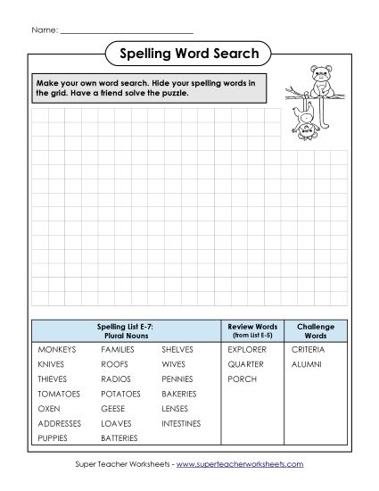 Printable Worksheets - Make a Word Search (E-7) (Printable PDF Worksheet)