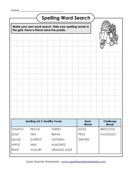 Worksheets and Activities - Make a Word Search Puzzle (C-Healthy Foods)  (Printable PDF Worksheet)