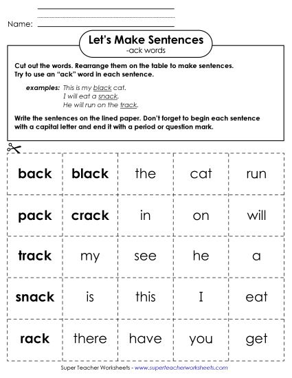 Worksheets - Make Sentences: Word Cards (-ack) (Printable PDF Worksheet)