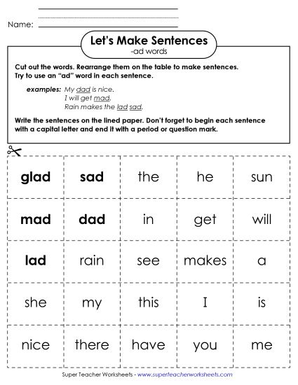 Worksheets - Make Sentences: Word Cards (-ad) (Printable PDF Worksheet)