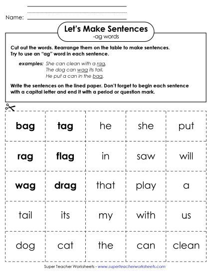 Worksheets - Make Sentences: Word Cards (-ag) (Printable PDF Worksheet)