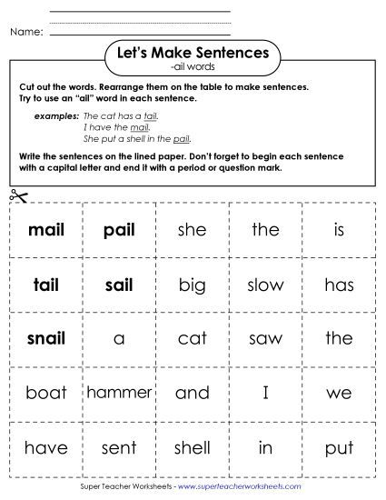 Worksheets - Make Sentences: Word Cards (-ail) (Printable PDF Worksheet)